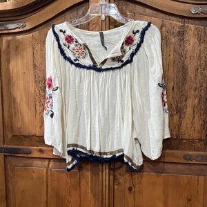 Cream Embroidered Peasant Tunic with Navy Trim